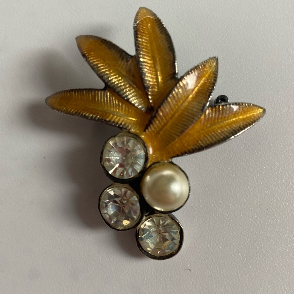 Vintage Enamel Yellow Leaf Brooch with Pearl and Crystal Accents